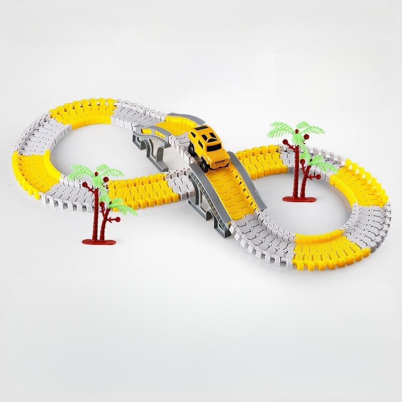 Child actively building a dynamic racetrack playset, connecting bright plastic track pieces