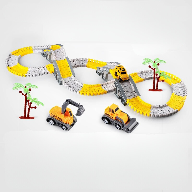 Overhead view of a finished Kids' Constructible Dynamic Race Track Playset with cars racing on a complex layout