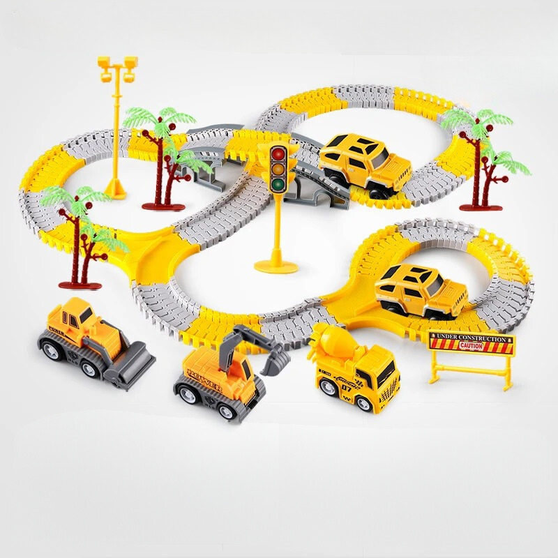 Close-up of a toy vehicle on a section of a Kids' DIY race track playset, highlighting track details