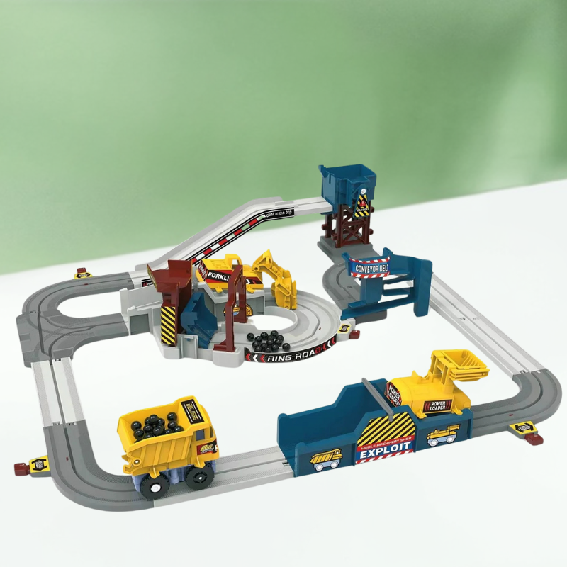 Kids' construction site playset with toy crane, bulldozer, and tools for imaginative skill development