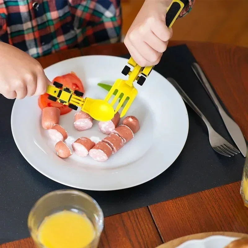 Eco-friendly kids cutlery set for construction theme fun at mealtime, PP & TPE rubber feeding tools