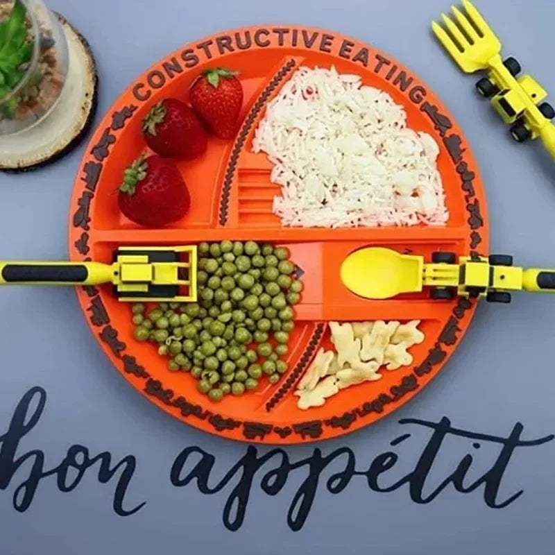 Kids' feeding tools: construction theme plate, bowl, cup, and cutlery in eco-friendly PP & TPE