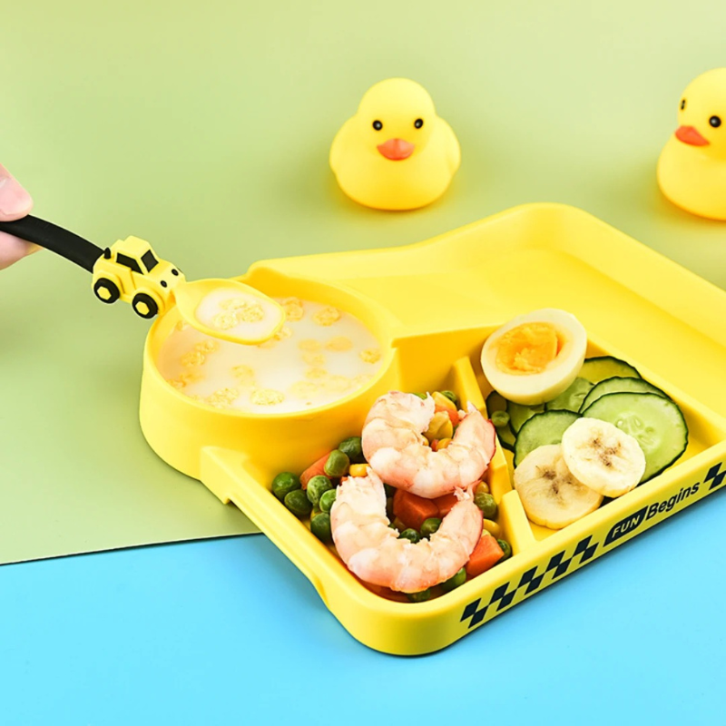 Kids' construction themed dinnerware set, yellow plate, fork, and spoon for toddler eating fun