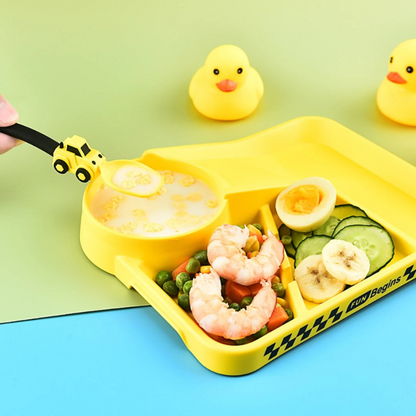 Kids' construction themed dinnerware set, yellow plate, fork, and spoon for toddler eating fun