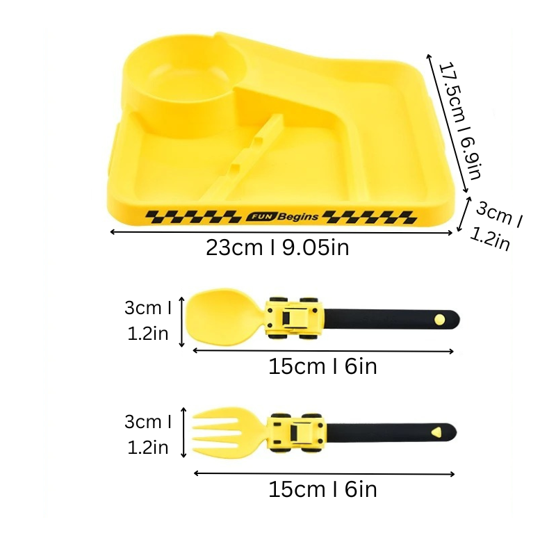 Toddler eating set: durable construction themed plate, bowl, cup & utensils for independent meals
