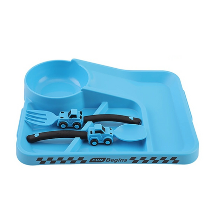 Childrens' dinnerware with excavator plate, bulldozer fork, and crane spoon for preschool learning