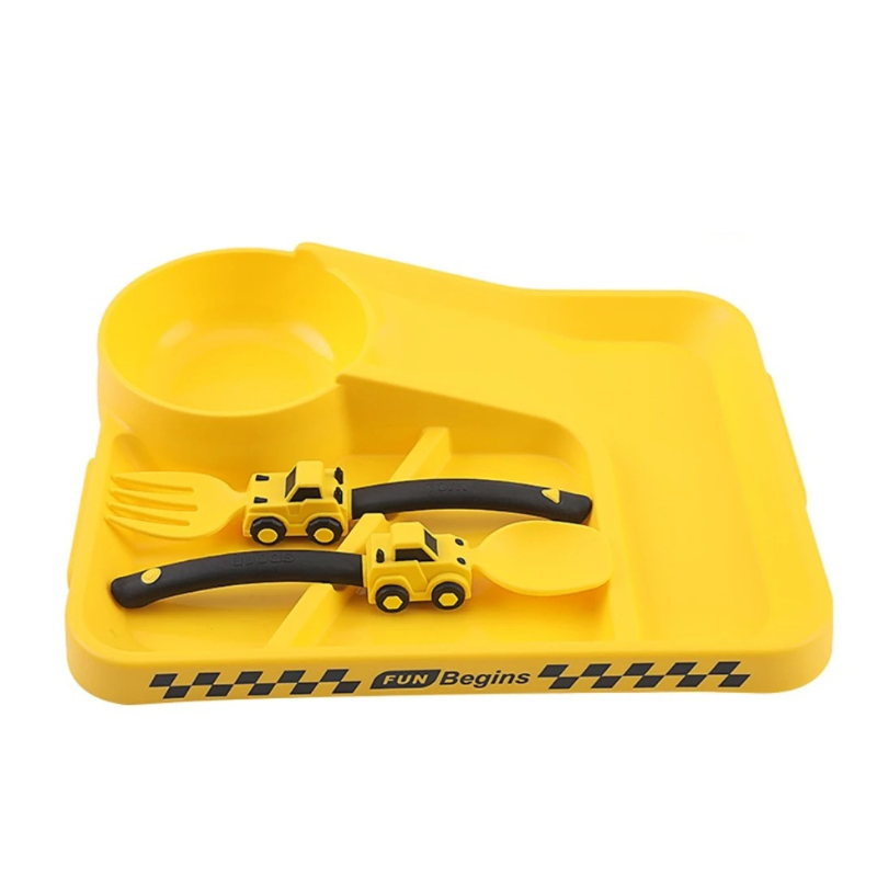 Fun construction theme feeding set, bright yellow & orange, promoting independent eating for kids