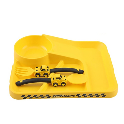 Fun construction theme feeding set, bright yellow & orange, promoting independent eating for kids