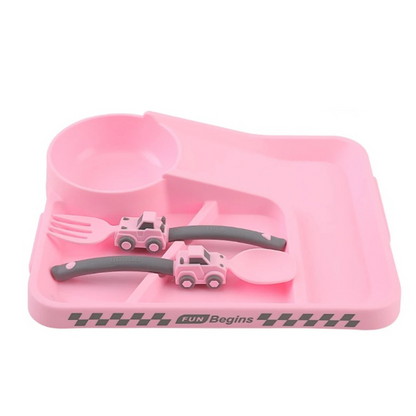 Mealtime fun: Kids' durable tableware set with truck designs, perfect for a construction loving toddler