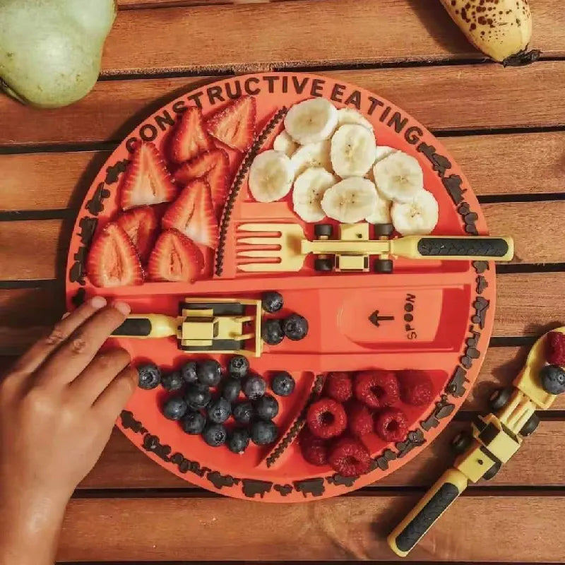 Kids construction vehicle dining set, yellow plate, fork, spoon, bulldozer, excavator toys