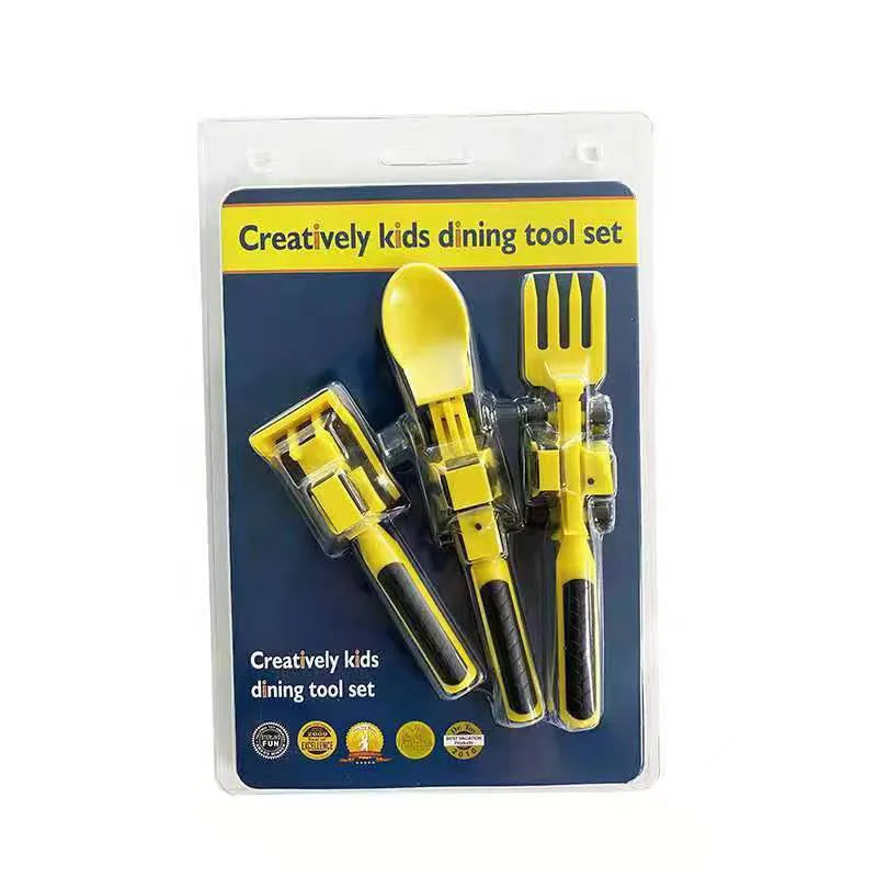 Fun kids mealtime tableware set with construction vehicle design, complete with plate, fork, spoon