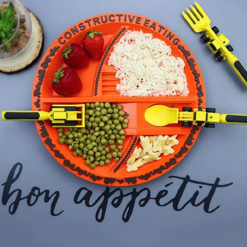 Construction truck themed dining set for kids, includes yellow plate, spoon, and fork