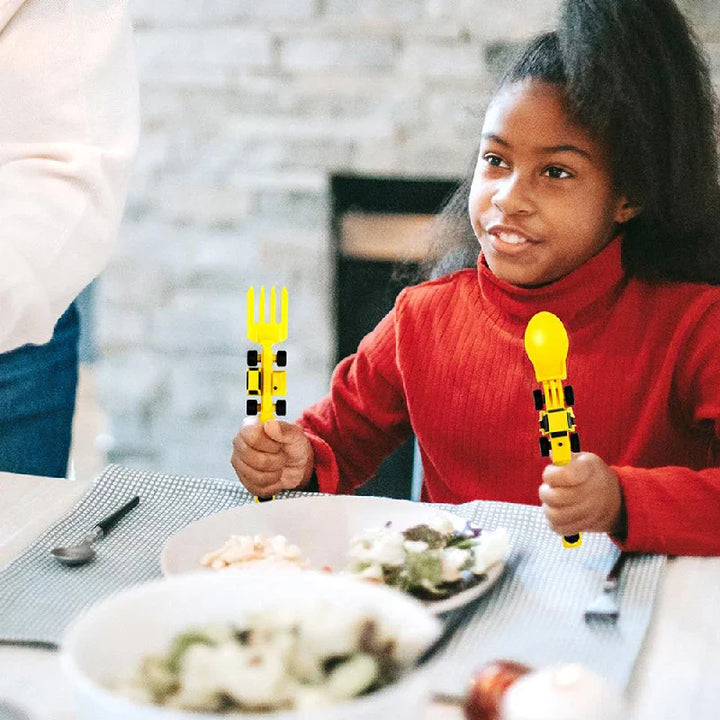 Kids bulldozer and excavator dining set, bright yellow, fun plastic plate, fork, spoon