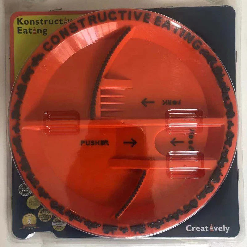 Close-up of kids construction vehicle plate with divided sections, perfect for picky eaters