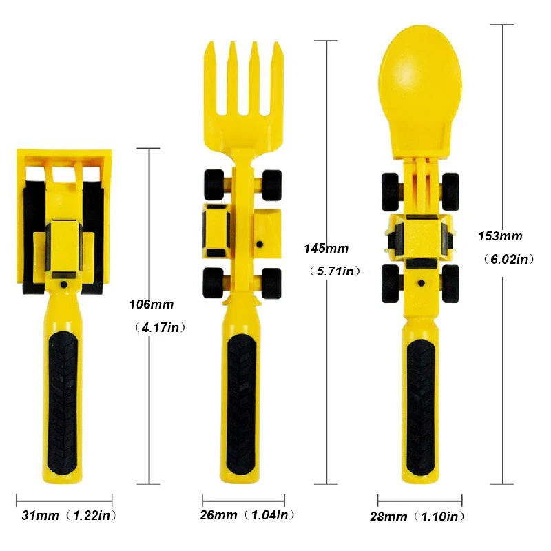Children's creative mealtime set, construction truck plate and matching fork & spoon