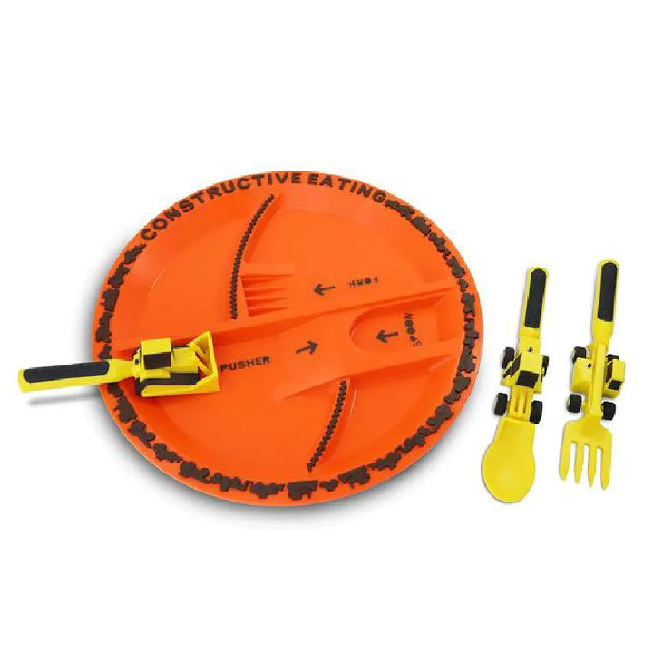 Durable kids dining set featuring construction vehicles, yellow plate, fork, spoon for easy grip
