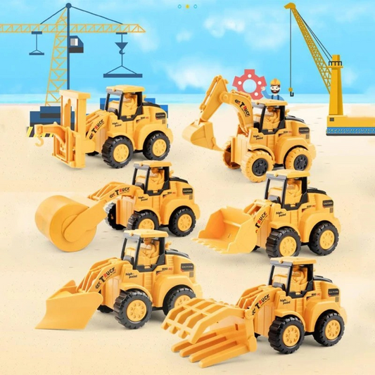 Kids construction vehicle toy set with excavator, bulldozer, and dump truck on a play mat with blocks.
