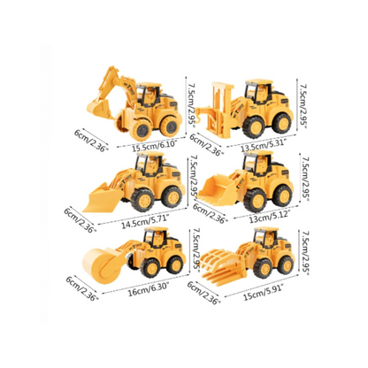 Colorful construction vehicle toy set for toddlers, including crane and cement mixer for imaginative play.