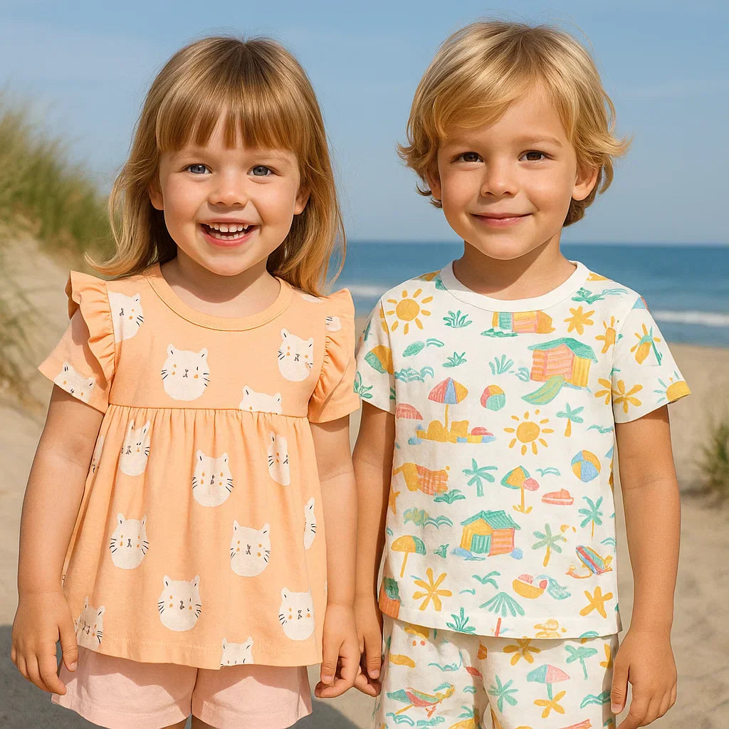 Kids' cotton blend summer top and shorts set with playful animal print for boys and girls