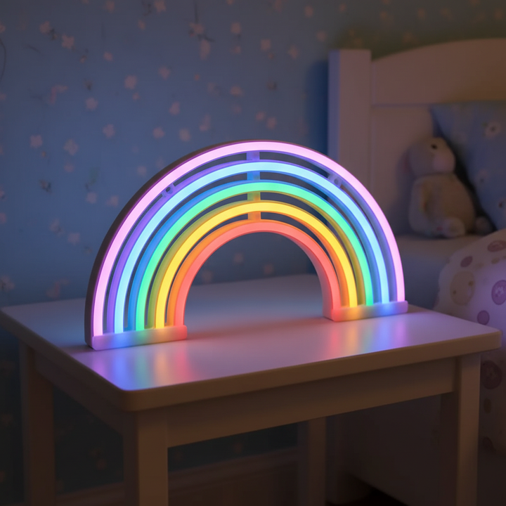 Kids' cozy neon rainbow table lamp, perfect for nursery decor & mood lighting. USB or battery operated indoor light.