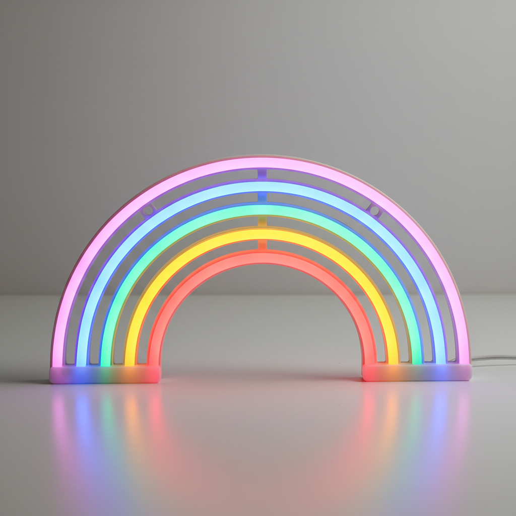 Vibrant neon rainbow table lamp for kids' rooms, creating a soothing ambiance. Decorative home decor light.
