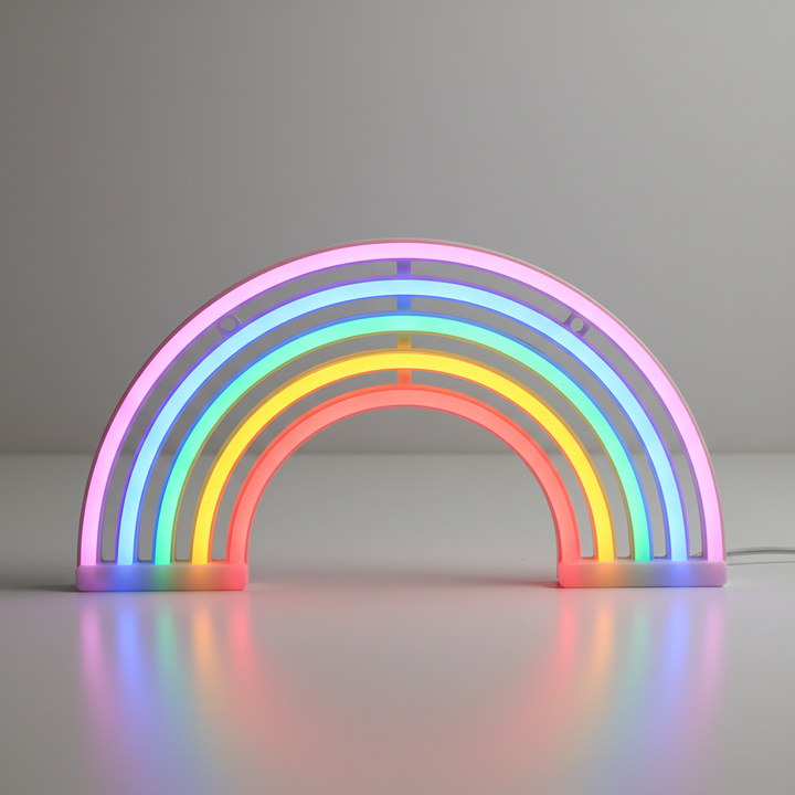 Vibrant neon rainbow table lamp for kids' rooms, creating a soothing ambiance. Decorative home decor light.