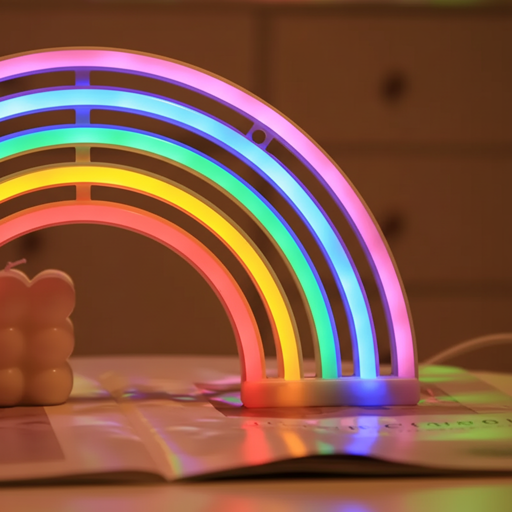 A colorful neon rainbow table lamp brightens kids' rooms & nurseries. Ideal mood lighting, USB powered.