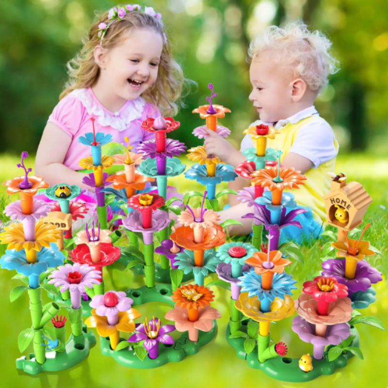 Kids' Creative Building Flower Garden Toy Set, colorful interlocking blocks for STEM learning & fine motor skills