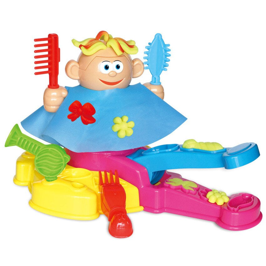 Close-up of a child's hands using clay to style hair on a toy head from the kit