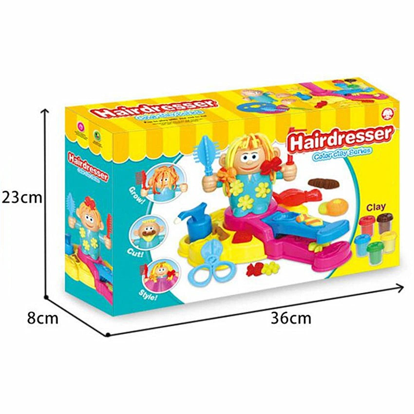 Hairdresser styling kit for kids featuring diverse clay colors and cutting tools