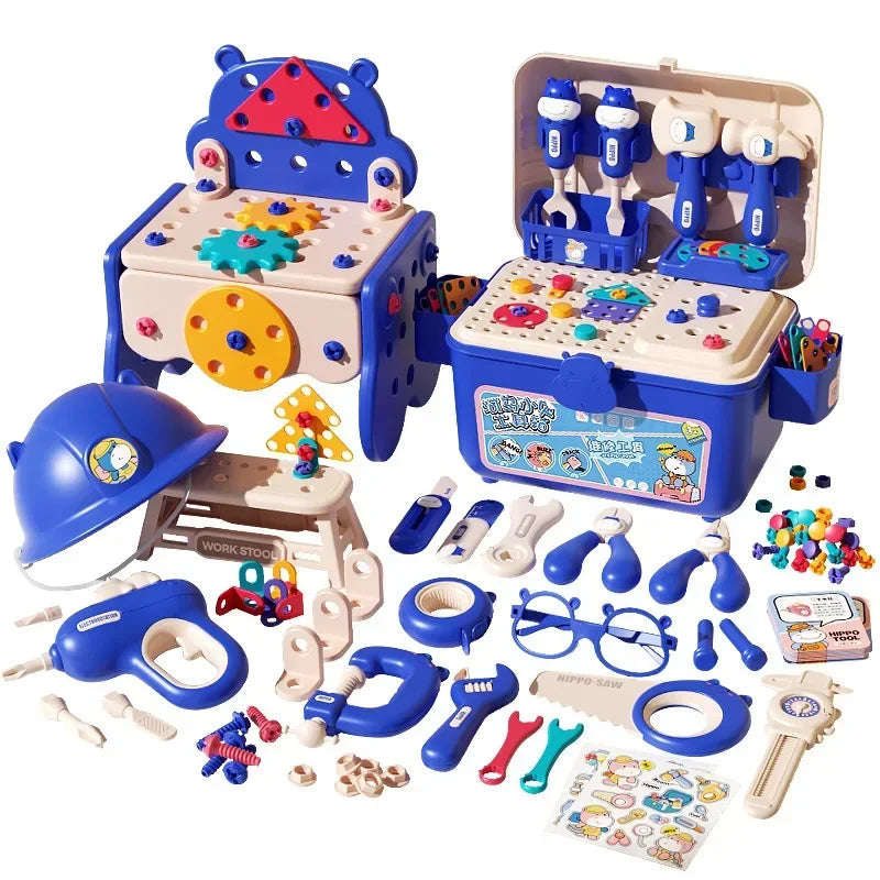 Kids' Creative Construction Play Set laid out, showing all toy tools and building pieces