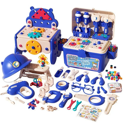 Kids' Creative Construction Play Set laid out, showing all toy tools and building pieces
