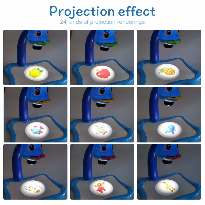 Close-up of Kids' Drawing Projector lens projecting an image onto paper, educational toy