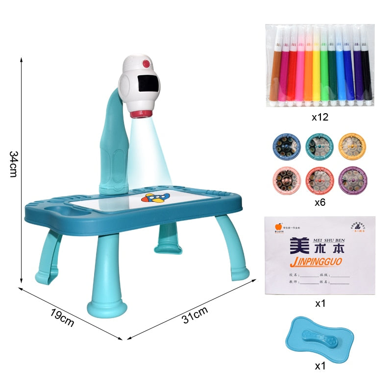 Drawing projector for kids featuring multiple stencils and drawing pens, complete art set