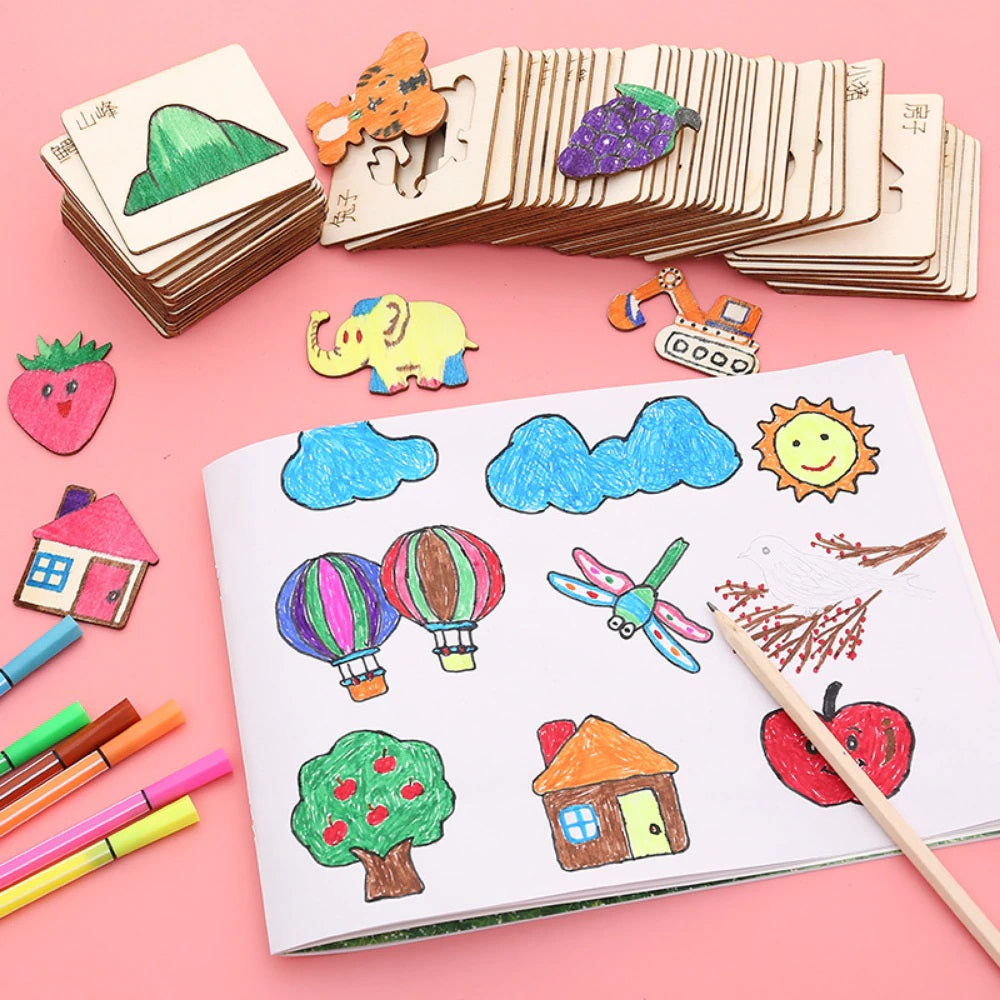 Close-up of various wooden shape templates from the Kids' Creative Drawing Set, ideal for drawing