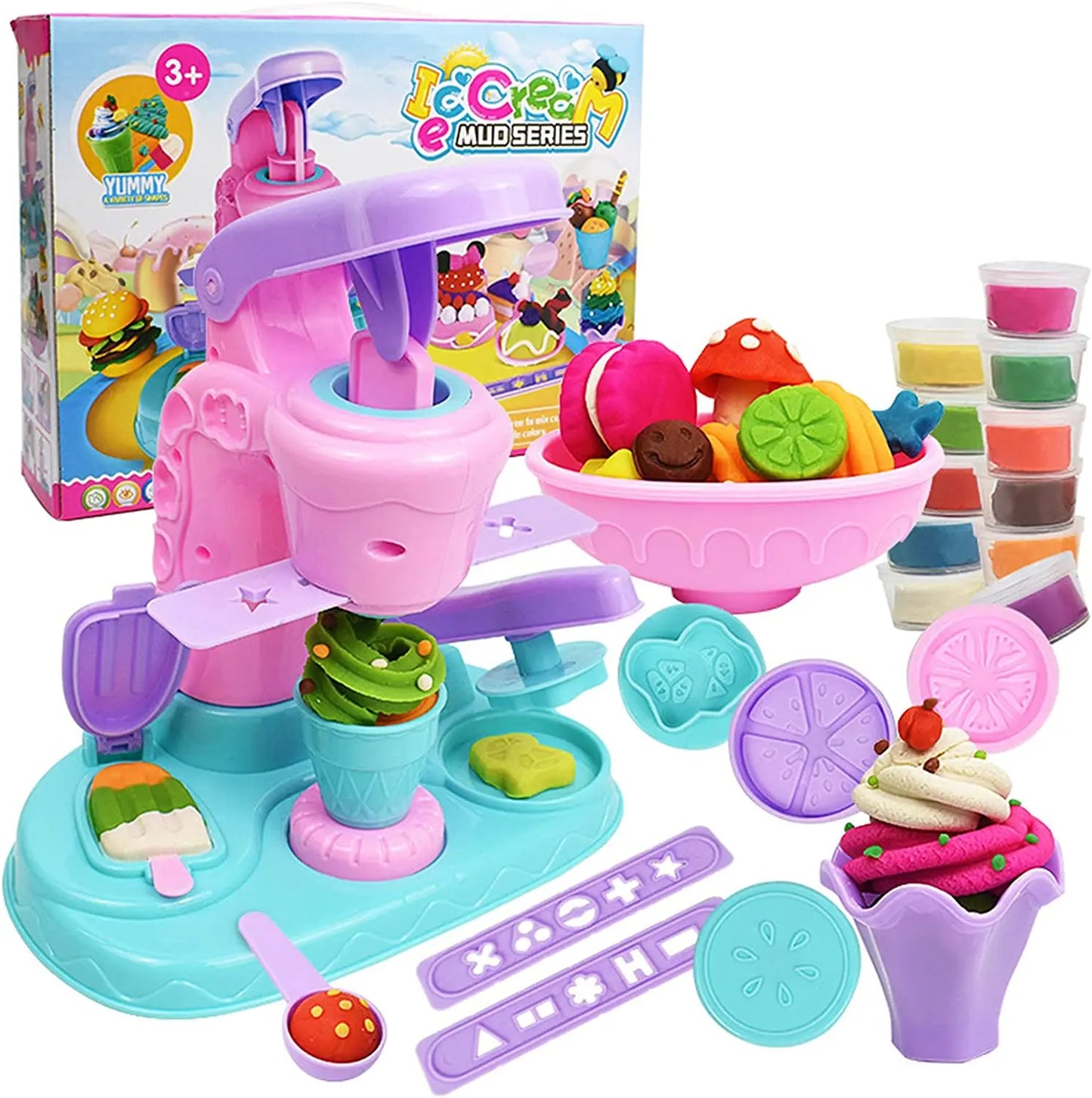 Kids' Creative Ice Cream Clay Play Set with colorful soft dough, molds, and tools for pretend play