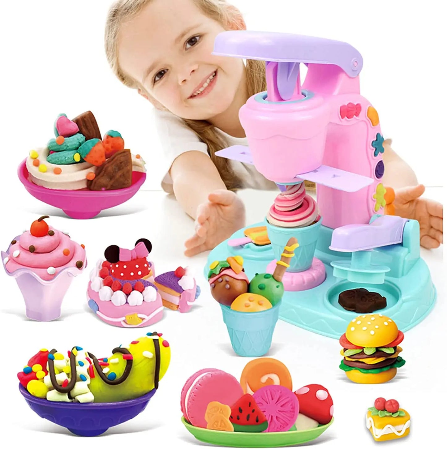 Educational Ice Cream Clay Set for kids, featuring an ice cream maker toy and various craft accessories