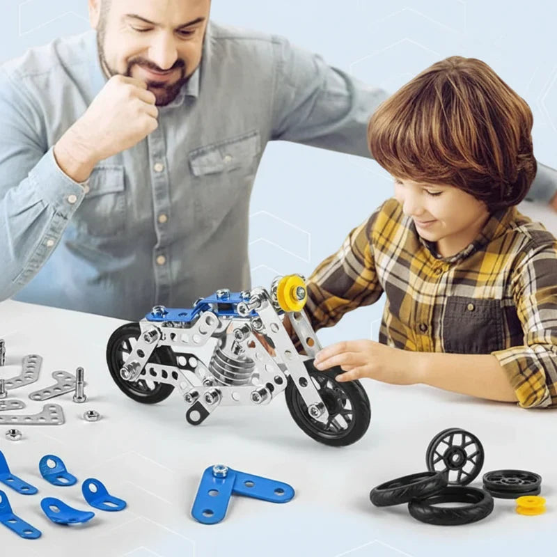 Close-up of child's hands assembling a vehicle from the multi-shape building kit