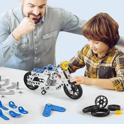 Close-up of child's hands assembling a vehicle from the multi-shape building kit