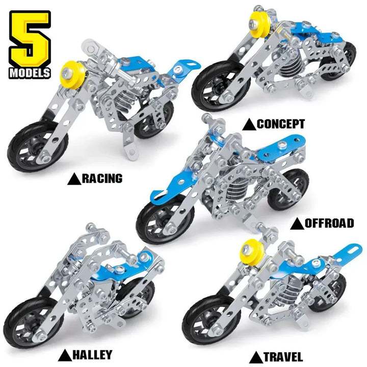 Kids playing with assembled vehicles from the creative building kit, in action