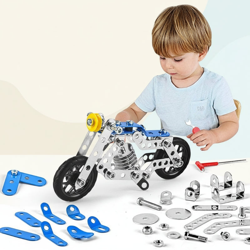 Multi-shape construction toy set, showing all pieces and packaging, educational play