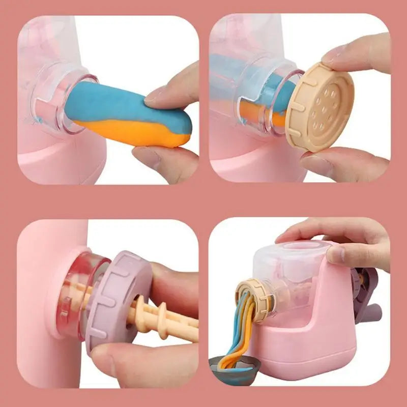 Close-up of a child's hands using the playdough pasta maker, extruding green playdough noodles, educational toy.