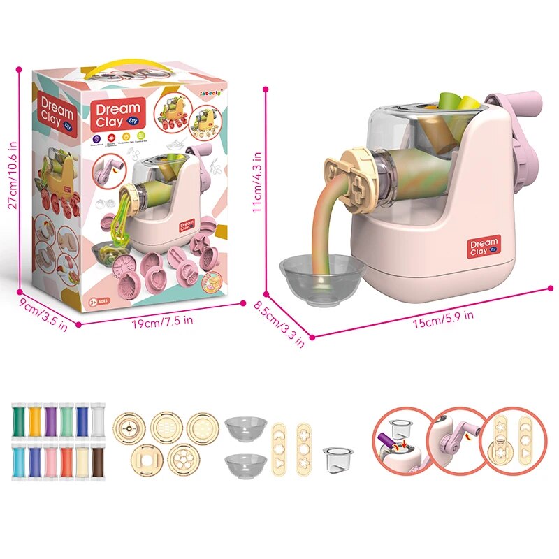 Montessori-inspired Pasta Maker Playdough Set, vibrant colors and tools encouraging imaginative arts and crafts for kids.