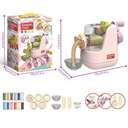 Montessori-inspired Pasta Maker Playdough Set, vibrant colors and tools encouraging imaginative arts and crafts for kids.