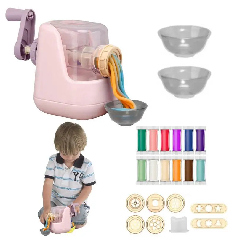Full view of the Kids' Pasta Maker Playdough Set components: extruder, molds, plates, and different colored playdough tubs.