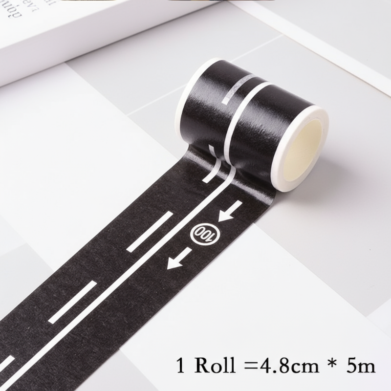Educational road play tape promoting imaginative play with miniature traffic signs and cars
