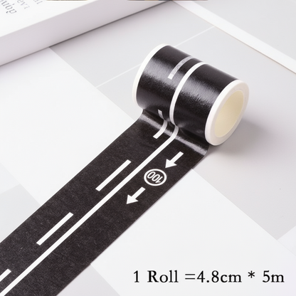 Educational road play tape promoting imaginative play with miniature traffic signs and cars