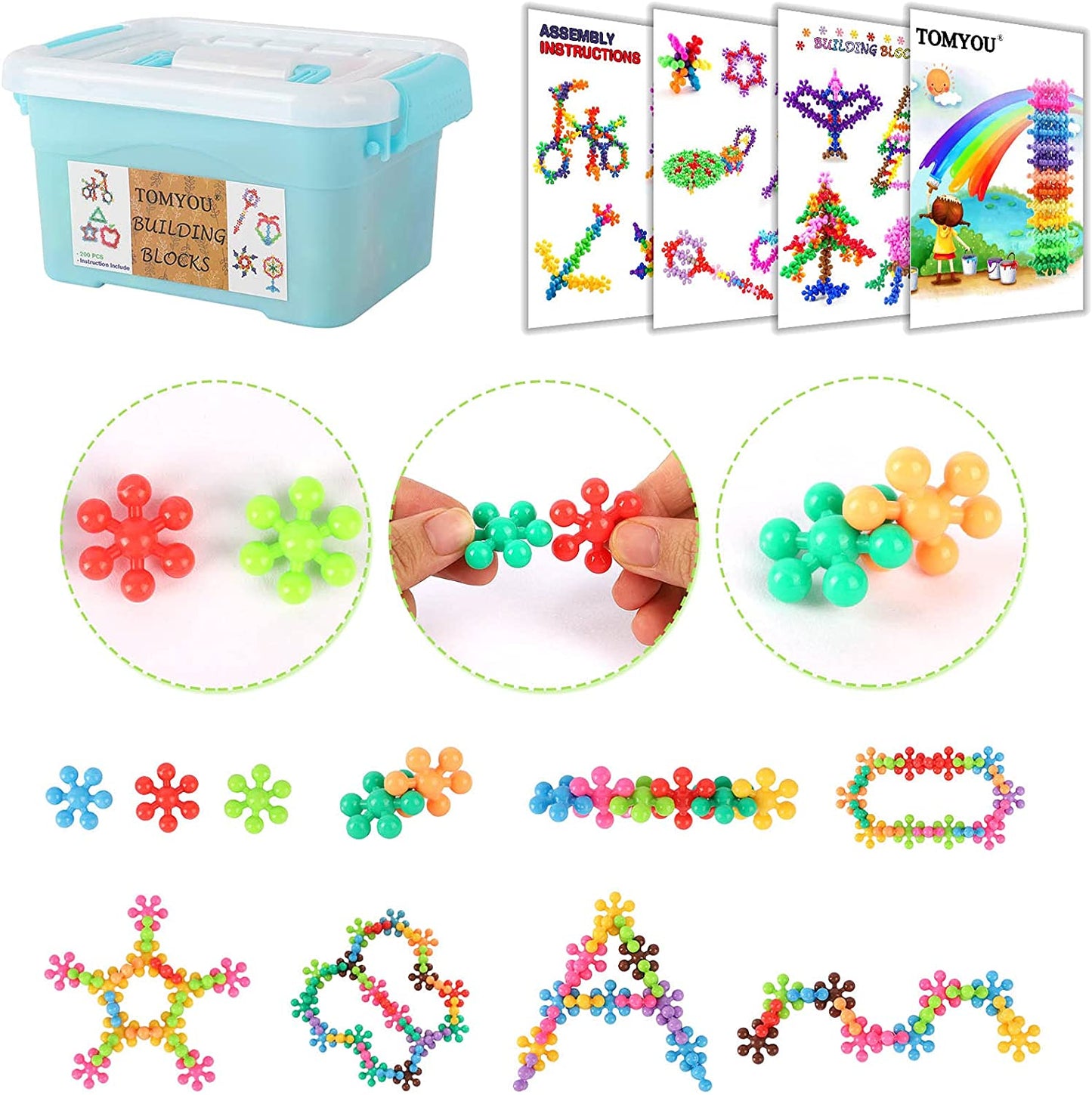 Close-up of a child's hands assembling vibrant snowflake building blocks, fostering creativity
