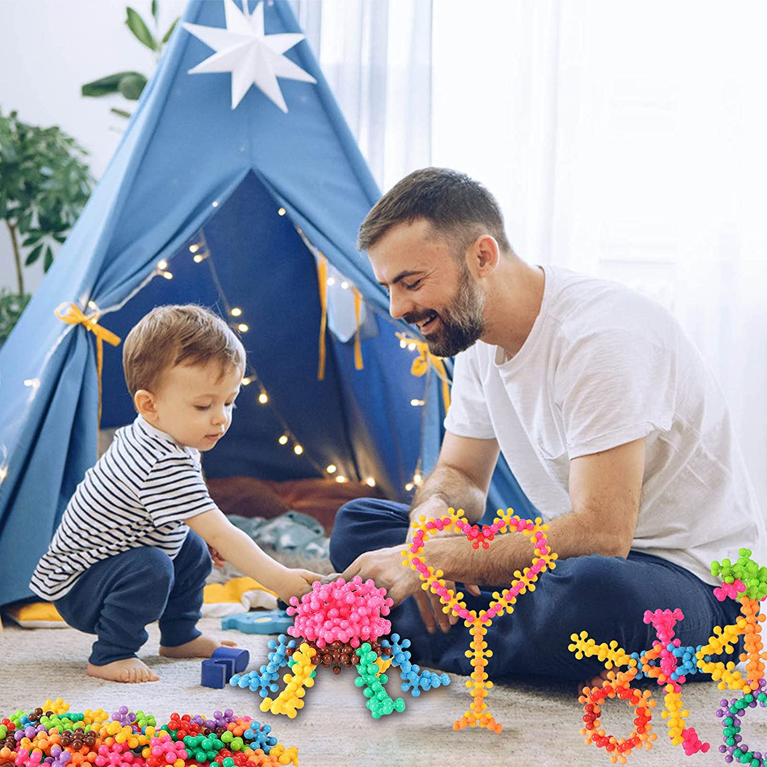 Assortment of snowflake-shaped interlocking blocks, a fun and educational construction set toy