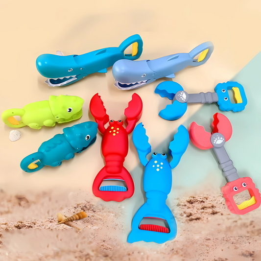 Kids' critter grabber toy with blue handle, red jaws, perfect for outdoor sensory play